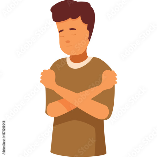Man hugging himself with closed eyes, conveying loneliness or self-comfort