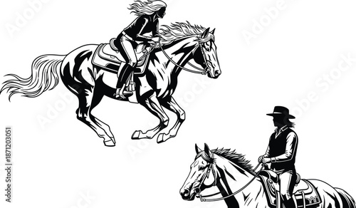 Black and White Horse Rider Silhouette, Galloping and Standing Equestrian Illustration, Western Style Stallion Vector, Action and Stillness Animal Graphic