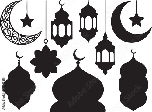 Elegant islamic decorations featuring crescent moons lanterns and mosque silhouettes