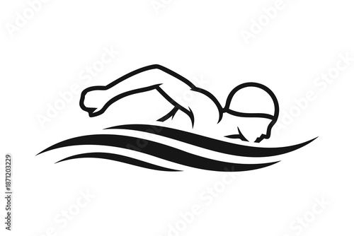 Swimmer Silhouette Icon Performing Freestyle Stroke in Water Waves