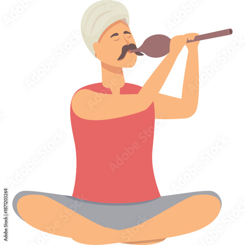 Man playing a pipe with a turban and mustache, sitting cross-legged