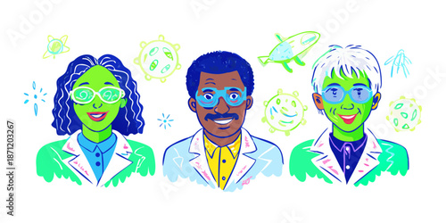 Portraits of diverse scientists and researchers in a hand-painted doodle style. Featuring safety goggles, lab coats, and beakers. High-contrast colors like neon green and electric blue. Organic lines 