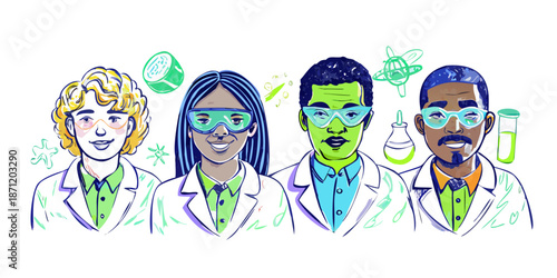 Portraits of diverse scientists and researchers in a hand-painted doodle style. Featuring safety goggles, lab coats, and beakers. High-contrast colors like neon green and electric blue. Organic lines 