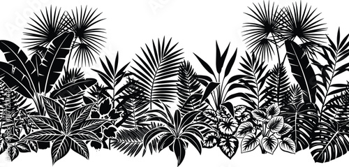 Black and White Tropical Leaf Silhouette Illustration, Botanical Jungle Foliage Pattern, Minimalist Palm Frond Vector, Exotic Summer Garden Plant Graphic Art