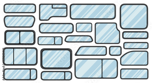 Collection of various car window and glass shapes in light blue with dark frames for automotive design and professional technical illustrations.