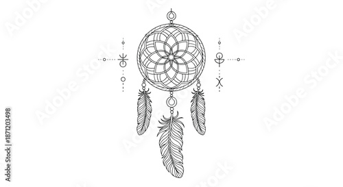 Intricate black and white dreamcatcher illustration featuring hanging feathers and delicate geometric symbols for spiritual and decorative art.