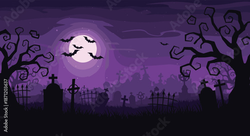 Eerie cemetery landscape at night with tombstones and silhouettes of bare trees under a large glowing full moon with bats flying in a purple sky.