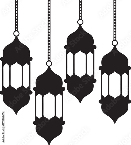 Elegant black and white silhouette of hanging ornate lanterns
