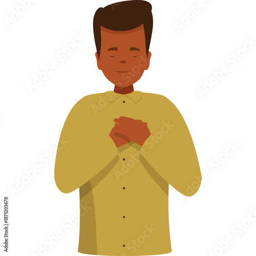 Man with hands on chest, closed eyes, expressing gratitude or sincerity