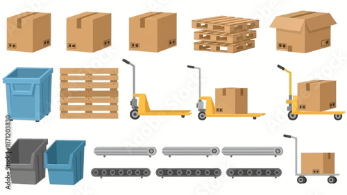 Warehouse equipment and supplies illustration featuring boxes, pallets, and pallet jacks in a digital white background environment viewed from directly above.