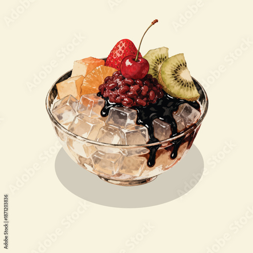 Anmitsu Japanese Dessert with Fruits and Agar Jelly, Hand Drawn Illustration