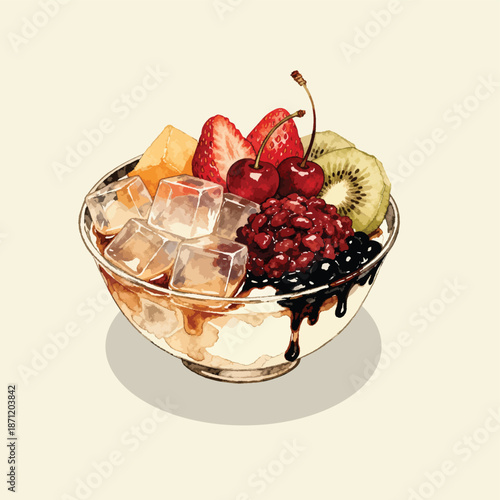Anmitsu Japanese Dessert with Fruits and Agar Jelly, Hand Drawn Illustration
