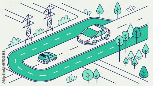 Electric vehicles driving on a green road with trees and power lines overhead with eco