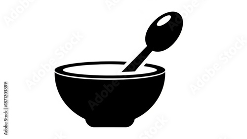 Black Bowl with Spoon Isolated on White Background