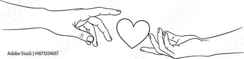 Minimalist Hands Reaching Toward Heart Line Art, Simple Black and White Romantic Illustration, Love and Connection Concept Sketch, Elegant Vector Graphic