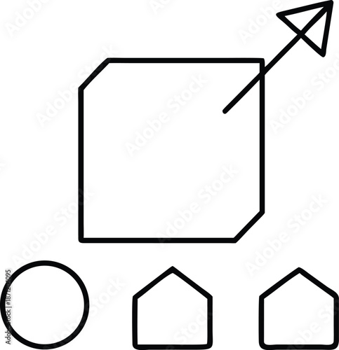 Simple geometric shapes including a square circle triangle and arrow design