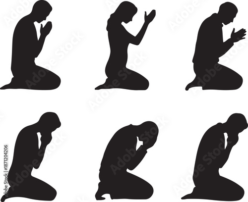 Silhouettes of people kneeling in prayer or worship a somber depiction