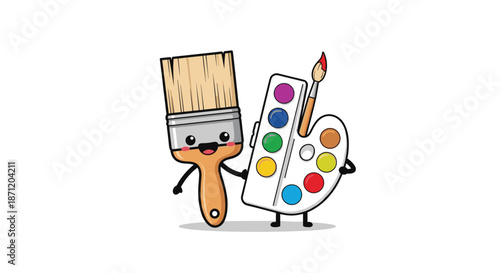 Happy cartoon characters of a paint brush and an art palette holding hands and smiling representing creativity and artistic inspiration for children.