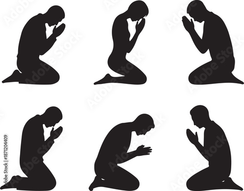 Silhouettes of people kneeling in prayer a collection of six distinct poses