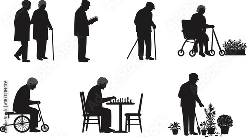 Elderly people activities, senior citizens lifestyle, retirement leisure, mobility aids, companionship, gardening, reading, chess, walking, healthy aging, flat vector illustration
