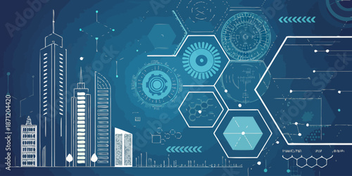 Modern futuristic city skyline with technology innovation network hexagonal graphics and data visualization
