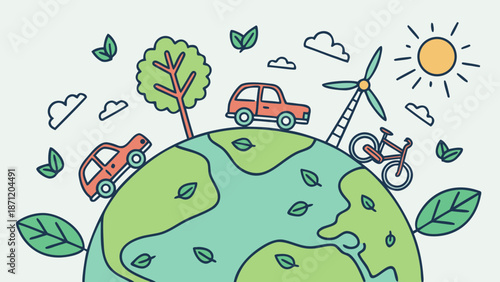 Earth with eco friendly vehicles and renewable energy sources around it with leaves with globe