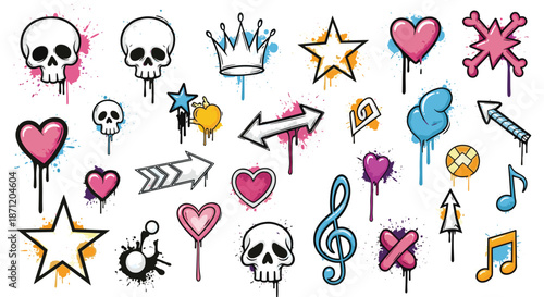 Collection of colorful graffiti spray paint icons including skulls and hearts with dripping effects for urban street art and youth culture designs.