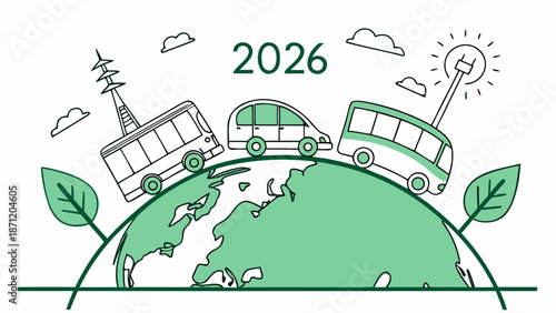 Green earth with eco friendly vehicles and renewable energy for sustainable future by 2026