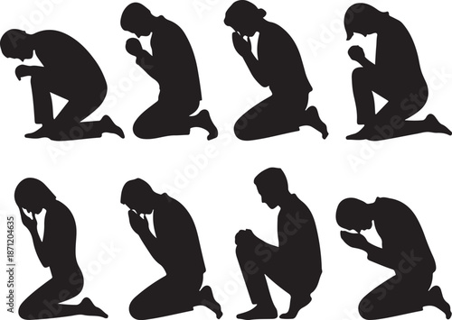 Silhouettes of people in various kneeling and praying postures
