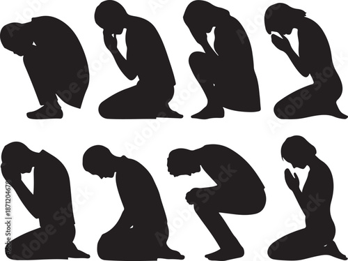 Silhouettes of people kneeling in various postures of grief and despair