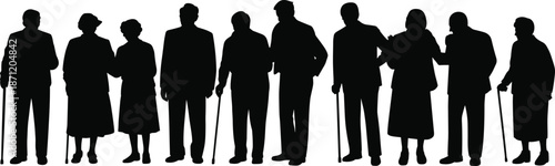 Elderly people silhouette, senior citizens standing, group of old men and women, cane support, aging society, healthcare concept, flat vector