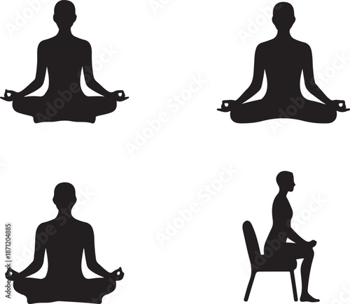 Silhouette illustrations depicting various yoga poses and meditative postures