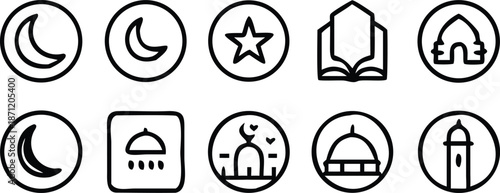 Collection of islamic icons featuring crescent moons stars and mosque designs