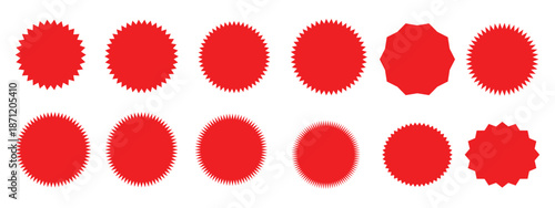 Set of red price sticker, sale or discount sticker, sunburst badges icon. Stars shape with different number of rays. Special offer price tag. Red starburst promotional badge set, shopping, Circle