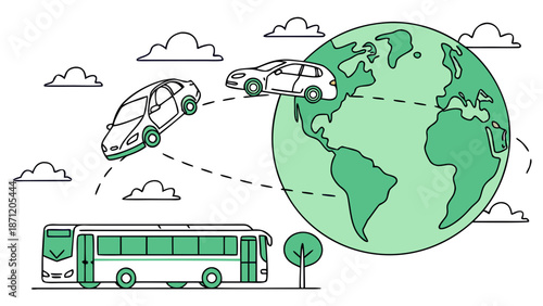 Green transportation around the world with cars and bus on a globe with clouds with ecological