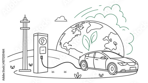Electric car charging station with globe and leafy environment eco friendly with transportation