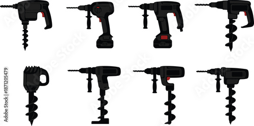 Electric drill illustration, power tool artwork, construction equipment design, woodworking machine silhouette, industrial hardware engineering art