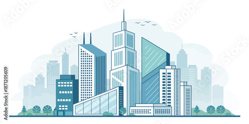 Modern city skyline with sleek glass skyscrapers in urban downtown business district landscape