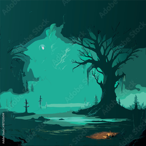 Dark fantasy swamp landscape with twisted dead trees, glowing green moonlight, misty mountains, eerie atmosphere,