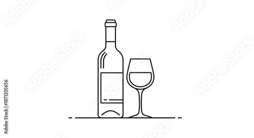 Minimalist black outline illustration of a classic wine bottle and a filled wine glass standing on a simple horizontal line.