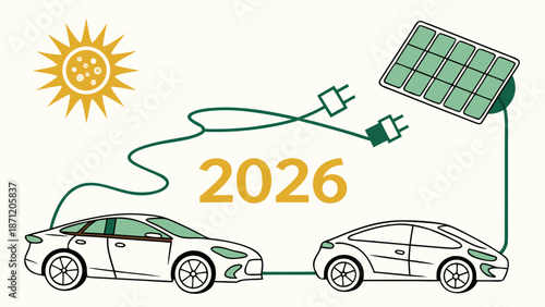 Electric vehicles charge from solar panel with green cord and plug 2026 with green energy