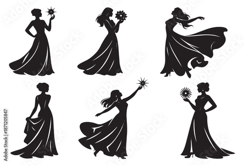Graceful female silhouettes set featuring women in elegant gowns holding abstract symbols for fashion and celebration