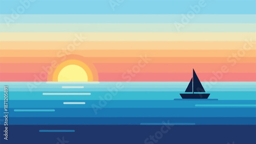 Minimalist sunset seascape with a sailboat on calm waters displaying a serene color palette