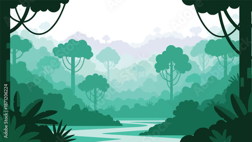 A serene illustration of a lush green forest landscape with a winding river stream