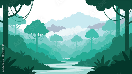 A serene and stylized illustration of a lush teal toned forest landscape with a winding river