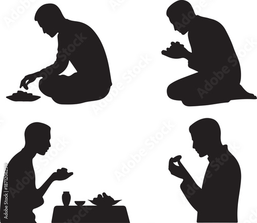 Silhouettes of people performing a traditional tea ceremony or ritual