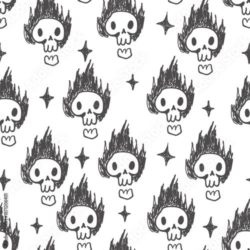 Seamless pattern with scull in fire in hand drawn style.Element for decoration design print background backdrop wrapping wallpaper banner textile