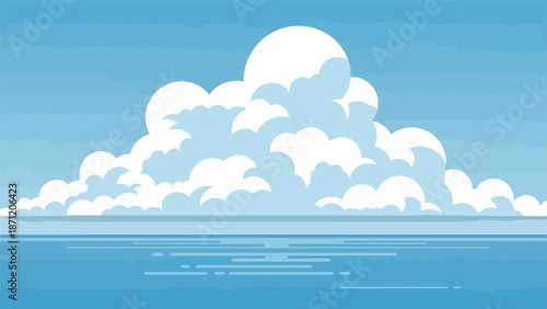 A serene landscape featuring fluffy white clouds over a calm blue sea horizon