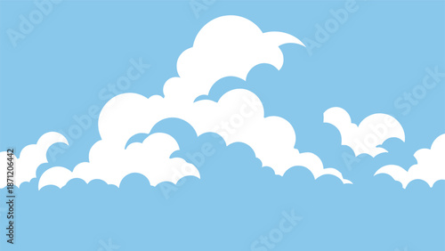 A serene blue seascape featuring fluffy white clouds and a calm ocean horizon