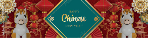 chinese new year banner with3d funny horses, red lanterns and decorations.